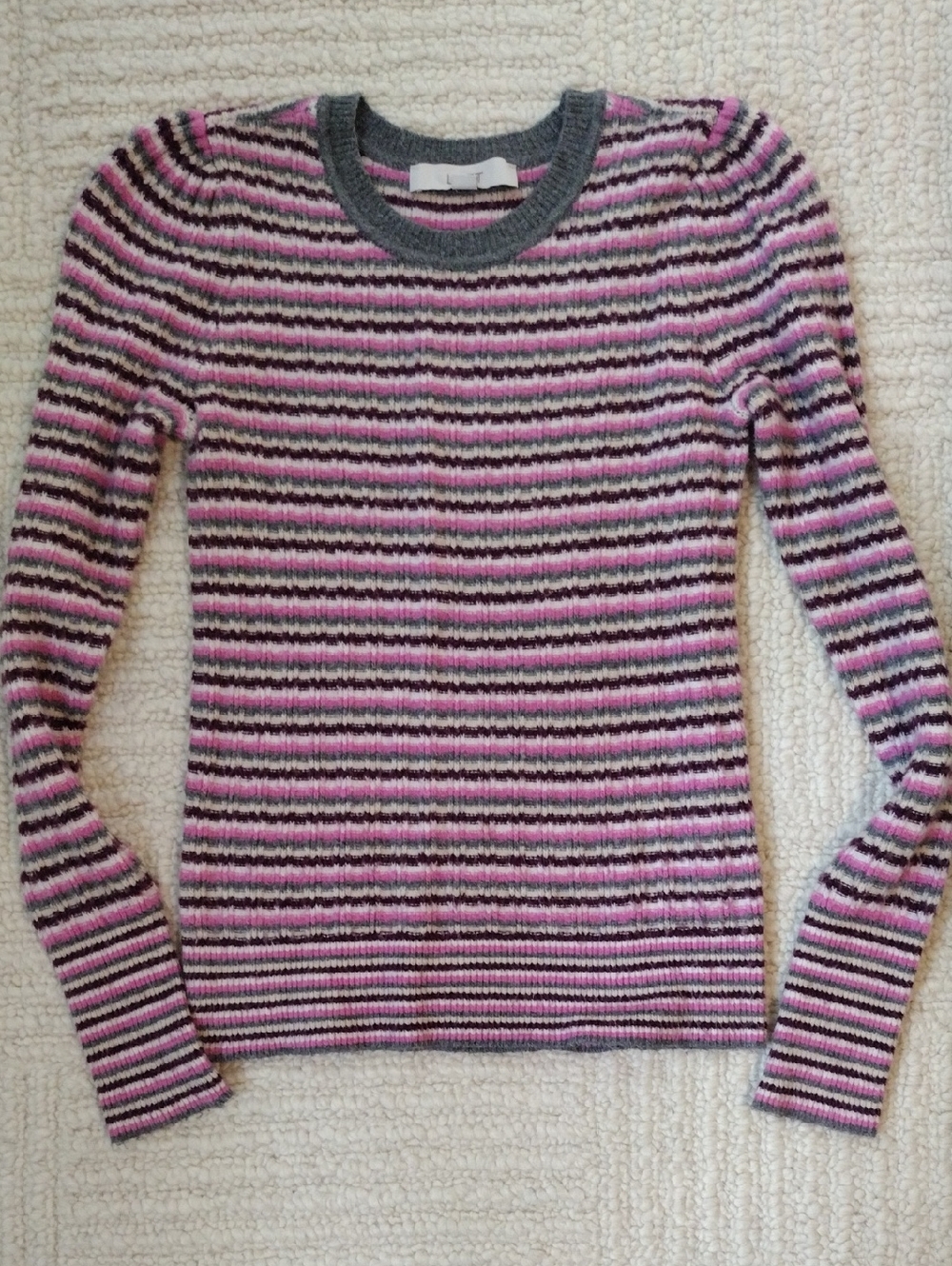 LOFT Pink, Gray & Cream Striped Crewneck Sweater